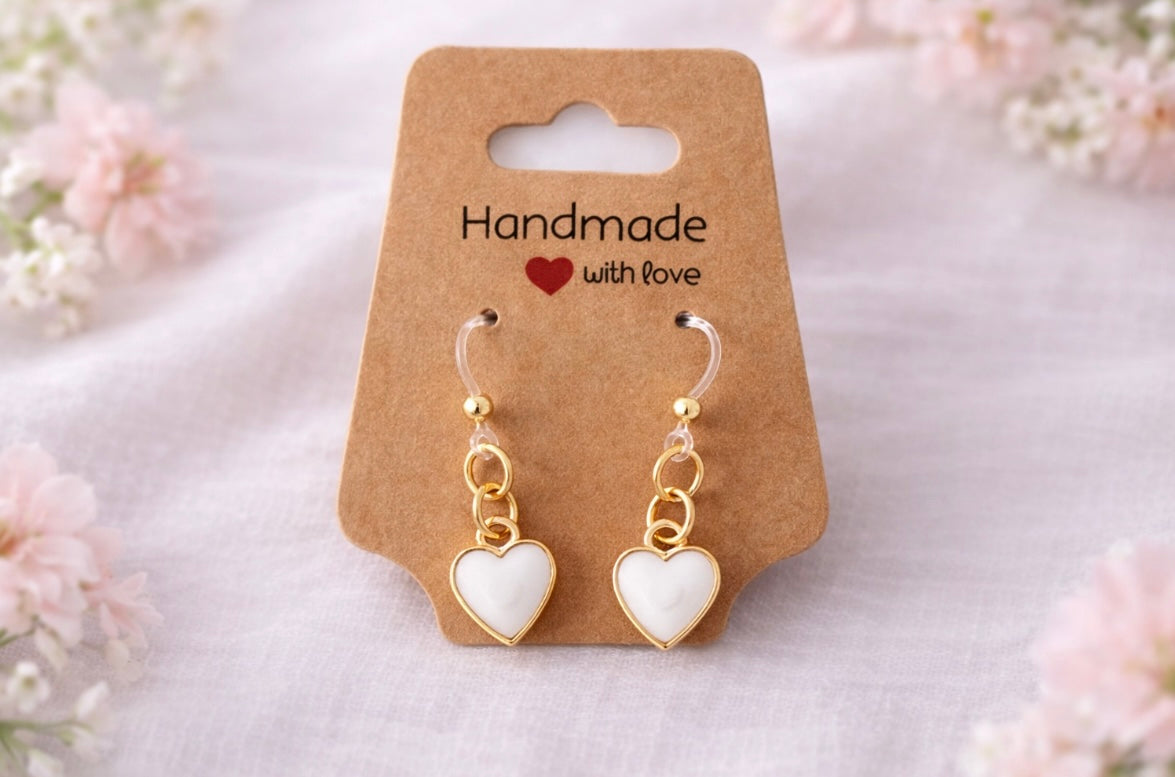 White Heart Drop Earrings – Sensitive Ears | Plastic Post Earrings