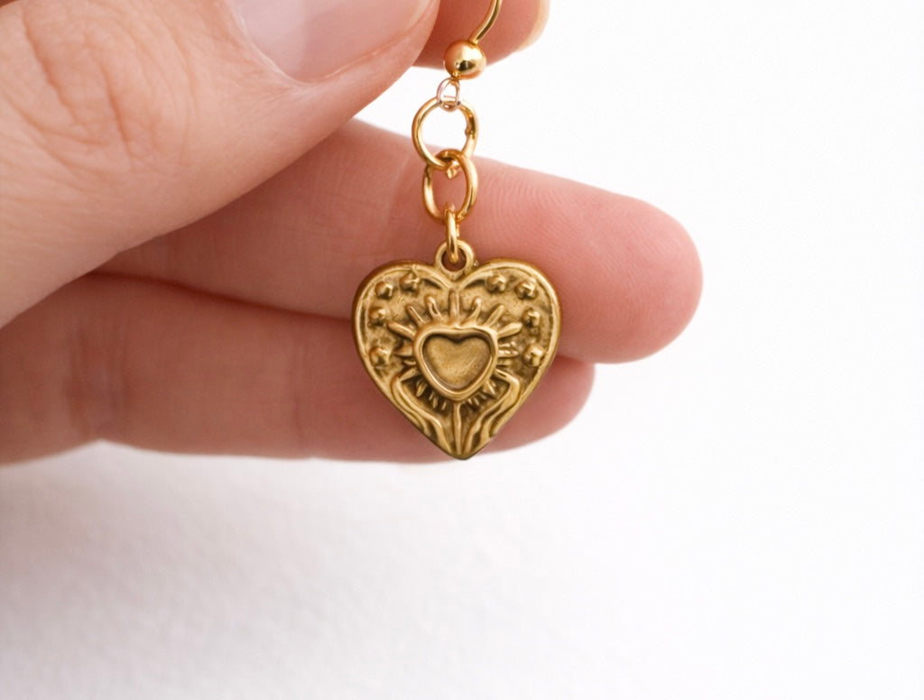 Vintage Gold Tone Sacred Heart Earrings Plastic Post| Metal-Free Post| Hypoallergenic