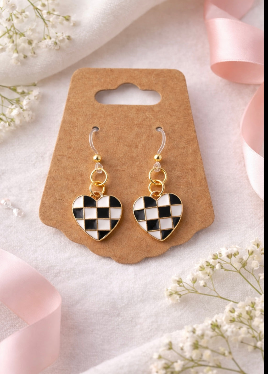 Checkered Heart Earrings – Black & White | Plastic Post Earrings for Sensitive Ears