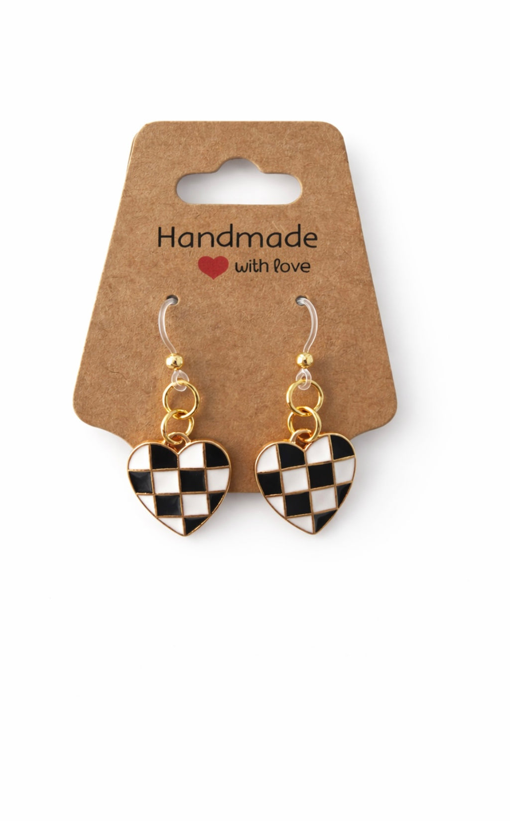 Checkered Heart Earrings – Black & White | Plastic Post Earrings for Sensitive Ears