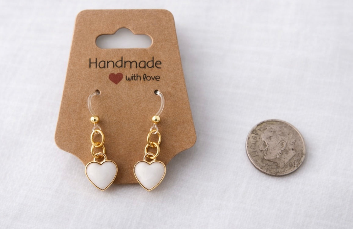 White Heart Drop Earrings – Sensitive Ears | Plastic Post Earrings