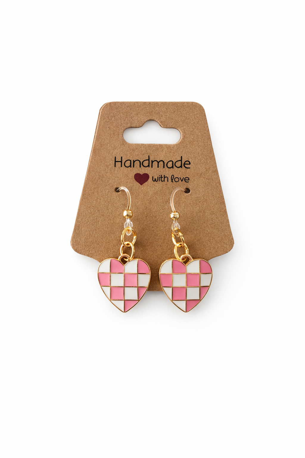 Checkerboard Heart Dangle Earrings – Pink or Black | Hypoallergenic