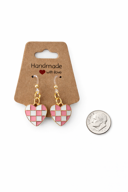 Checkerboard Heart Dangle Earrings – Pink or Black | Hypoallergenic