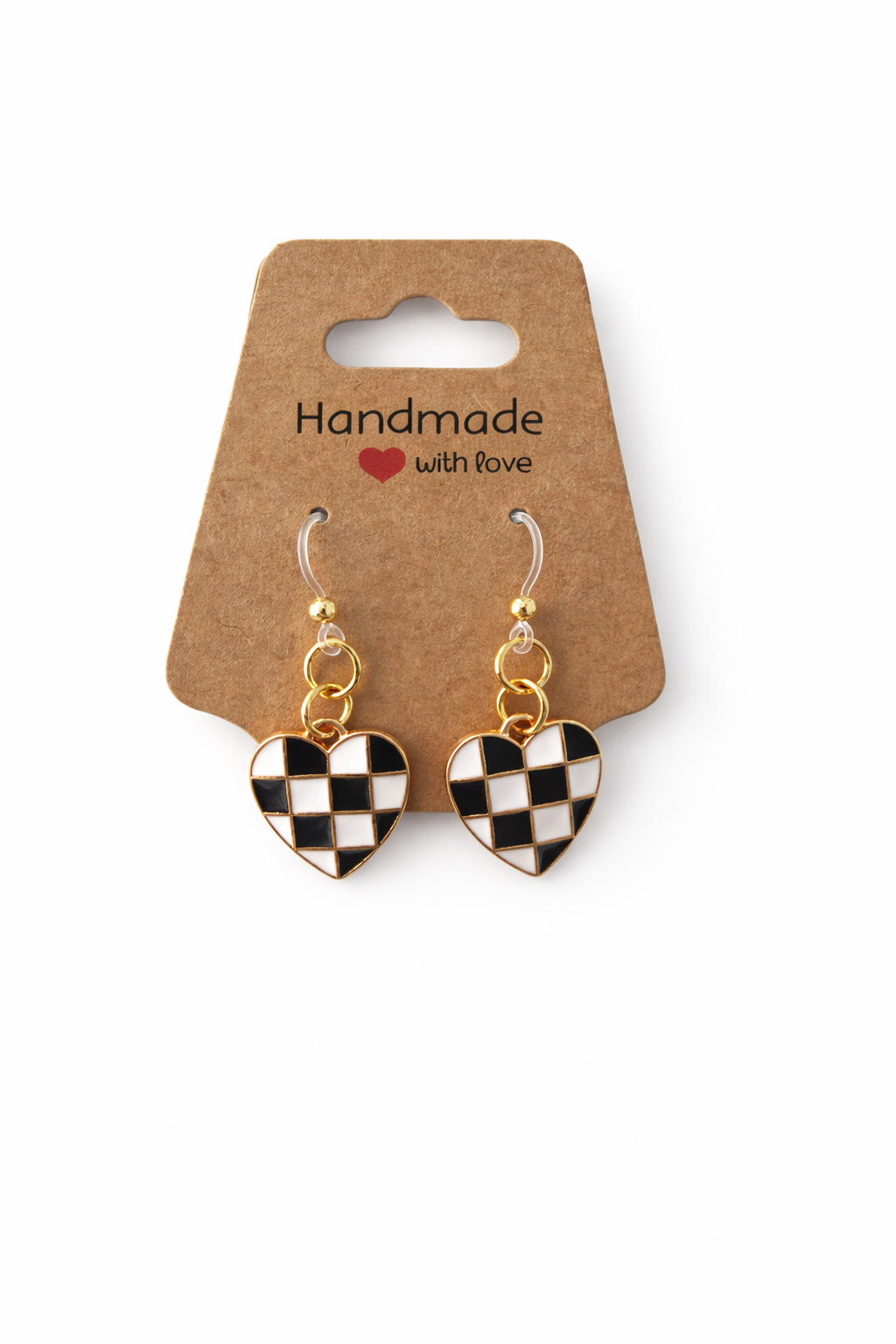 Checkerboard Heart Dangle Earrings – Pink or Black | Hypoallergenic