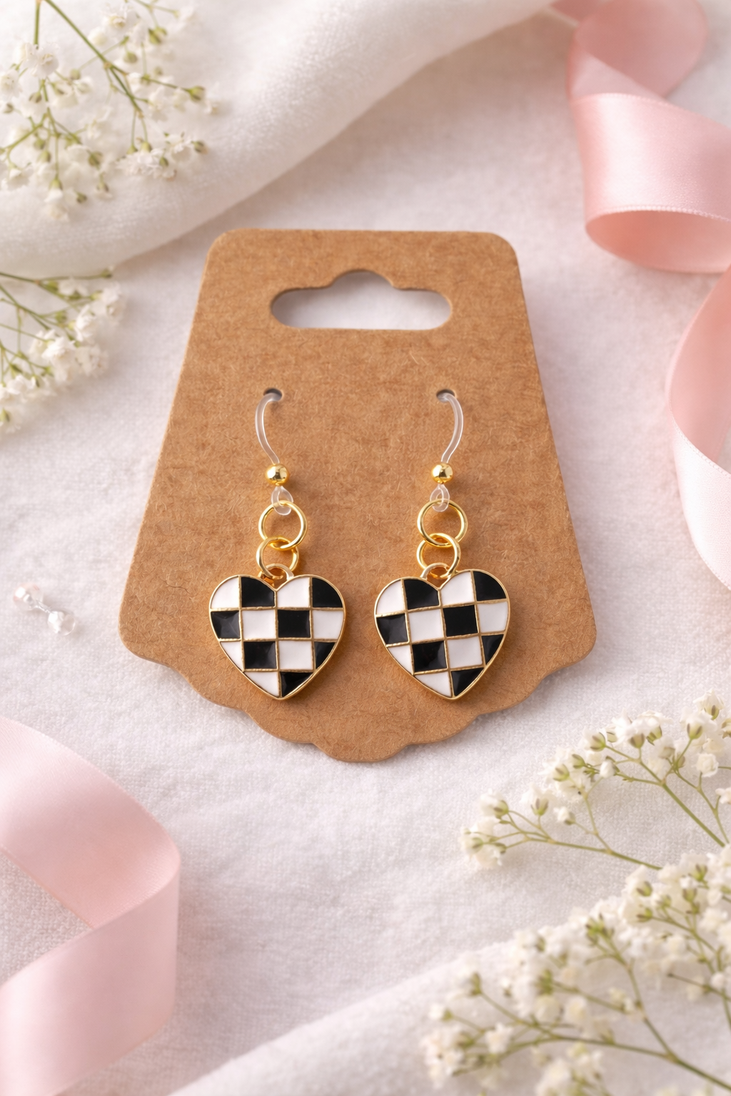 Checkerboard Heart Dangle Earrings – Pink or Black | Hypoallergenic