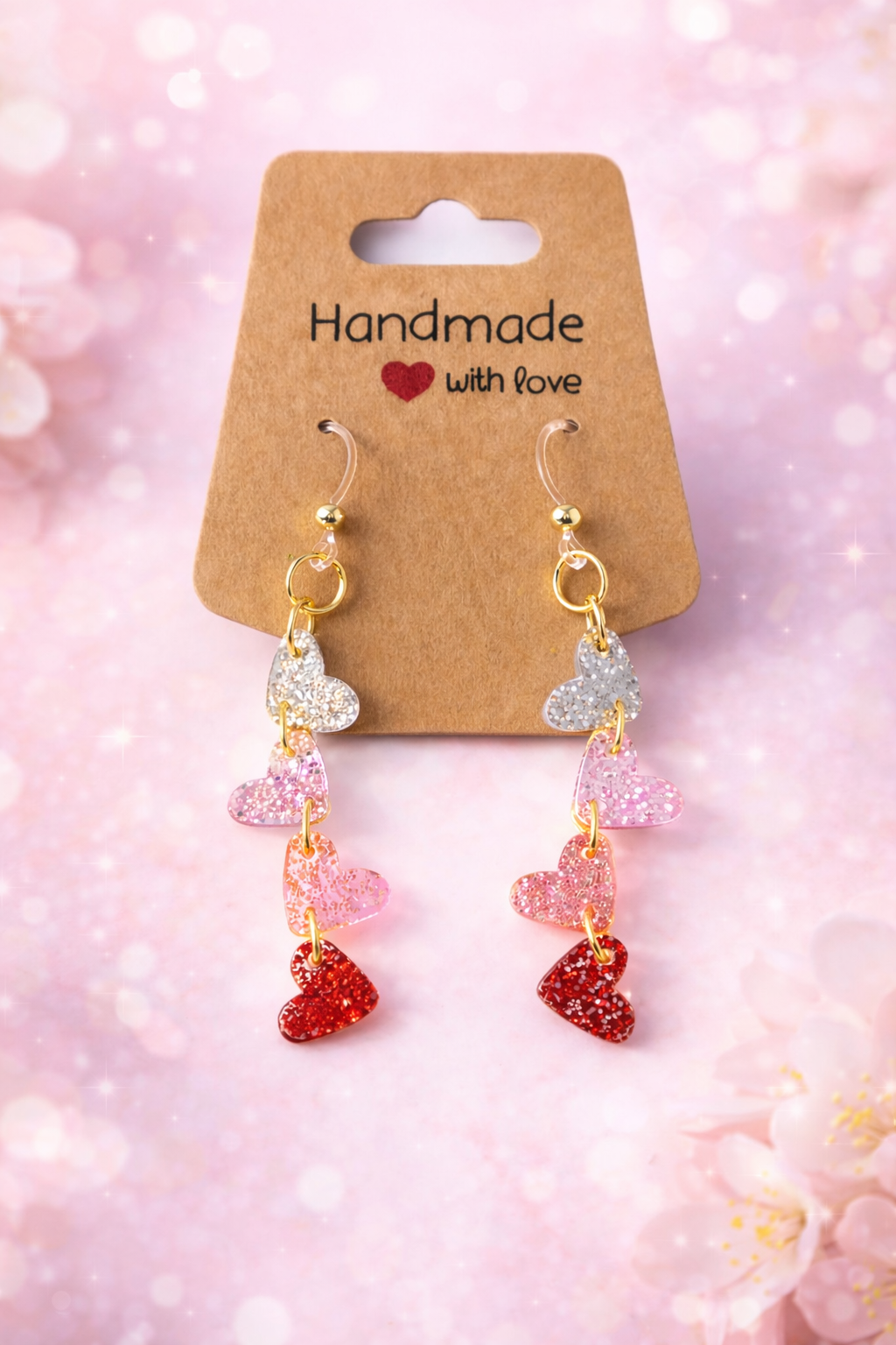 Pink & Red Heart Dangle Earrings – Hypoallergenic & Lightweight
