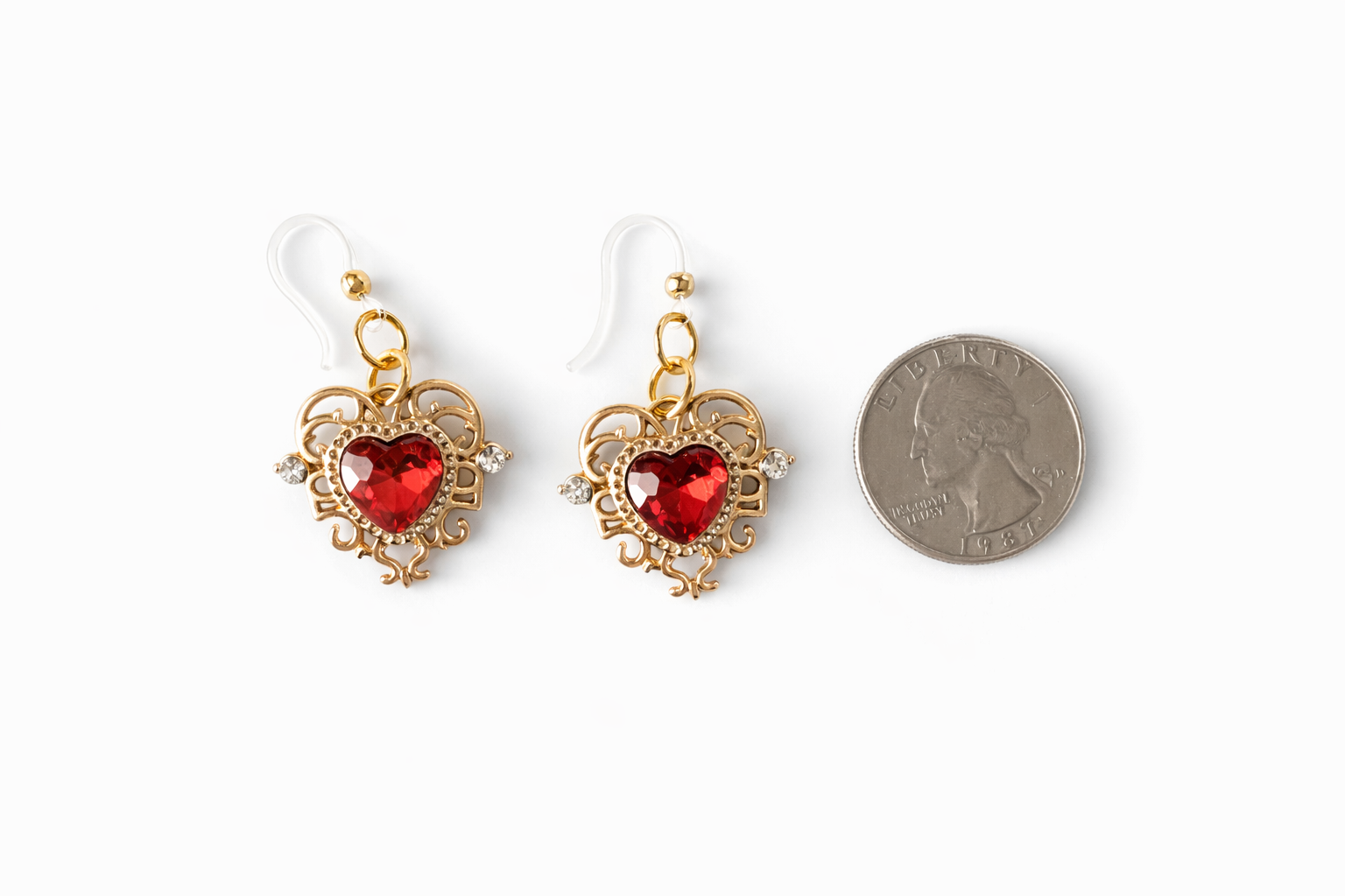 Ornate Red Heart Dangle Earrings – Hypoallergenic & Lightweight
