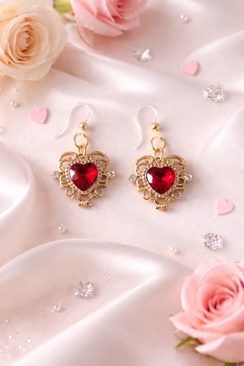Ornate Red Heart Dangle Earrings – Hypoallergenic & Lightweight
