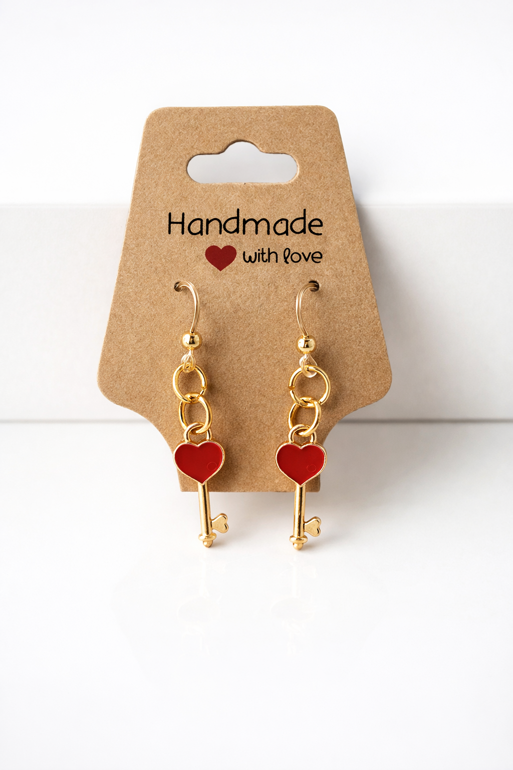Heart Key Dangle Earrings – Red & Gold | Sensitive Ears (Plastic Hooks