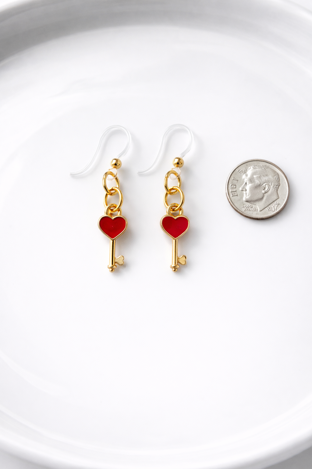 Heart Key Dangle Earrings – Red & Gold | Sensitive Ears (Plastic Hooks