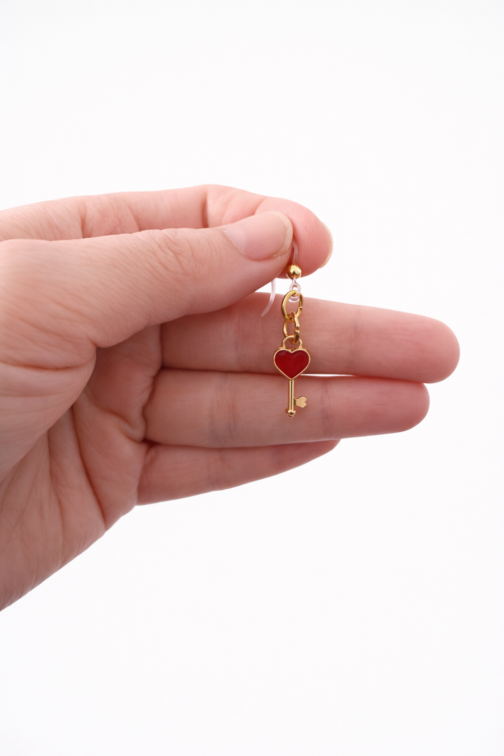 Heart Key Dangle Earrings – Red & Gold | Sensitive Ears (Plastic Hooks