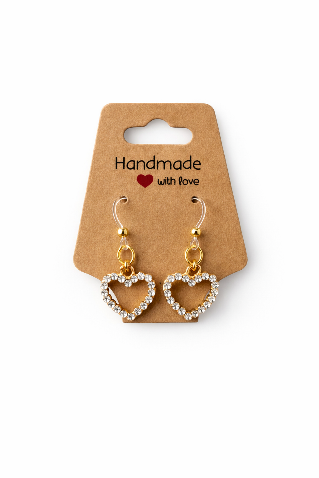 Gold- Tone Rhinestone Heart Dangle Earrings – Hypoallergenic Plastic Posts | Bare Post