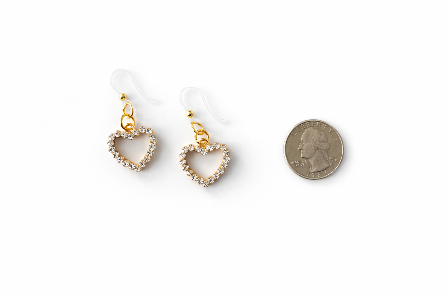 Gold- Tone Rhinestone Heart Dangle Earrings – Hypoallergenic Plastic Posts | Bare Post