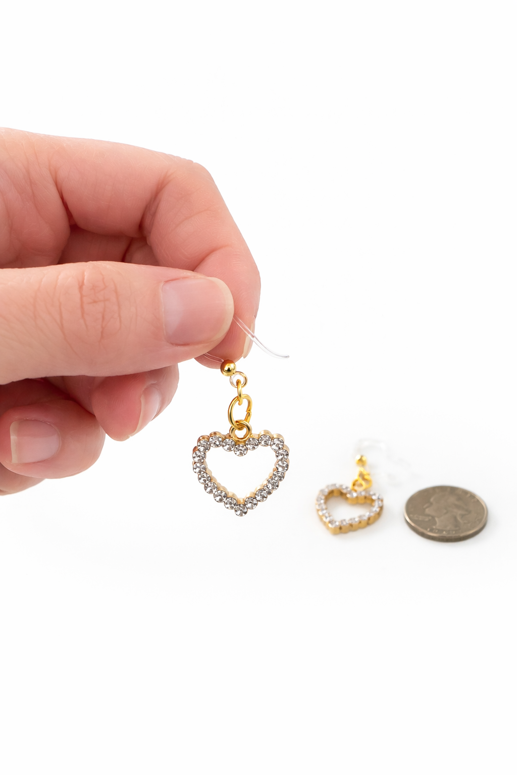 Gold- Tone Rhinestone Heart Dangle Earrings – Hypoallergenic Plastic Posts | Bare Post