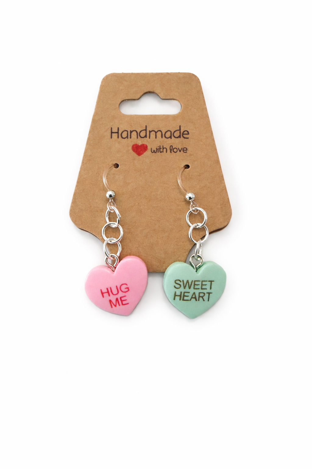 Mismatched Candy Heart Dangle Earrings – Hug Me & Sweet Heart | Sensitive Ears Safe