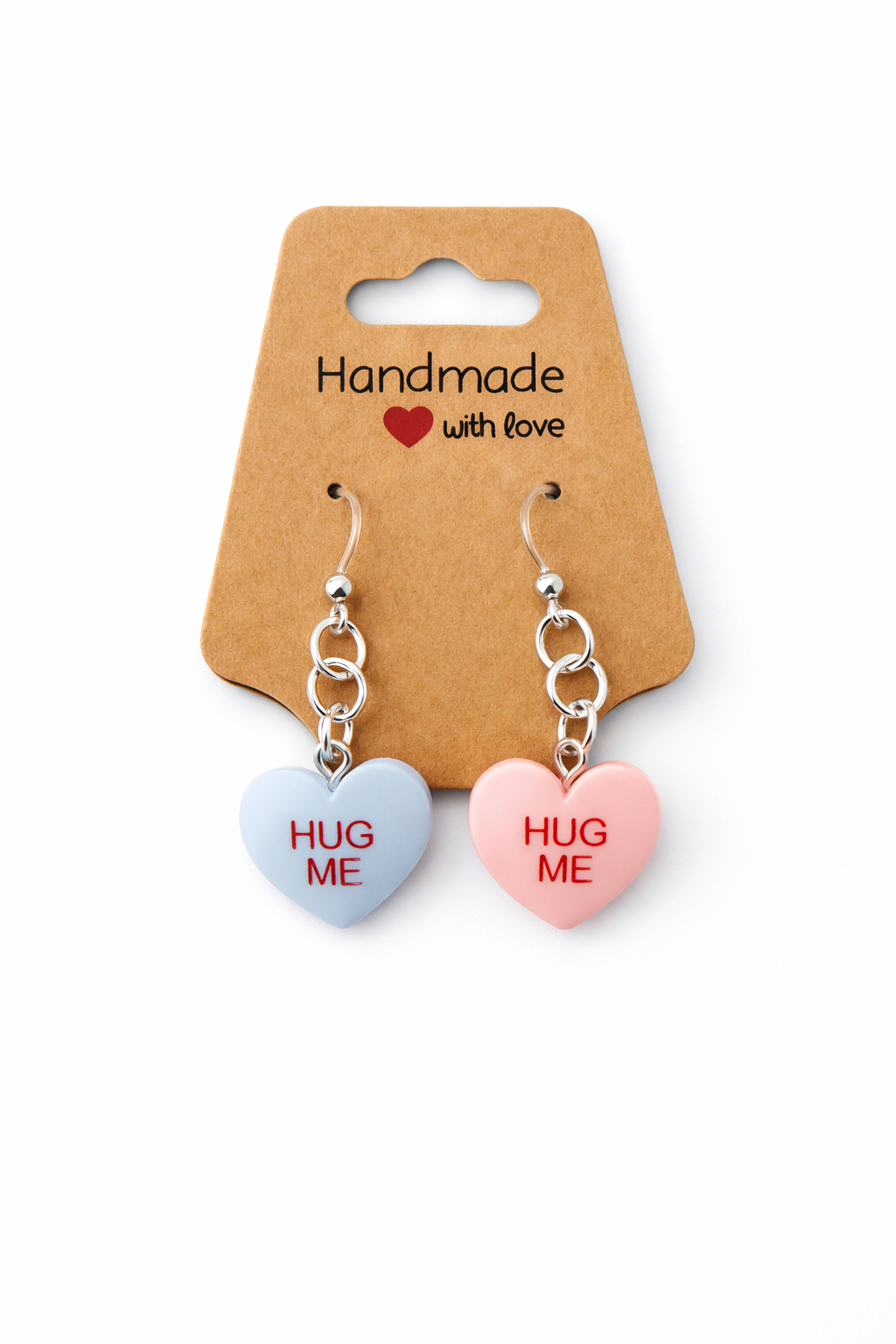 Mismatched Hug Me Dangle Earrings – Pink & Blue Candy Hearts | Sensitive Ears