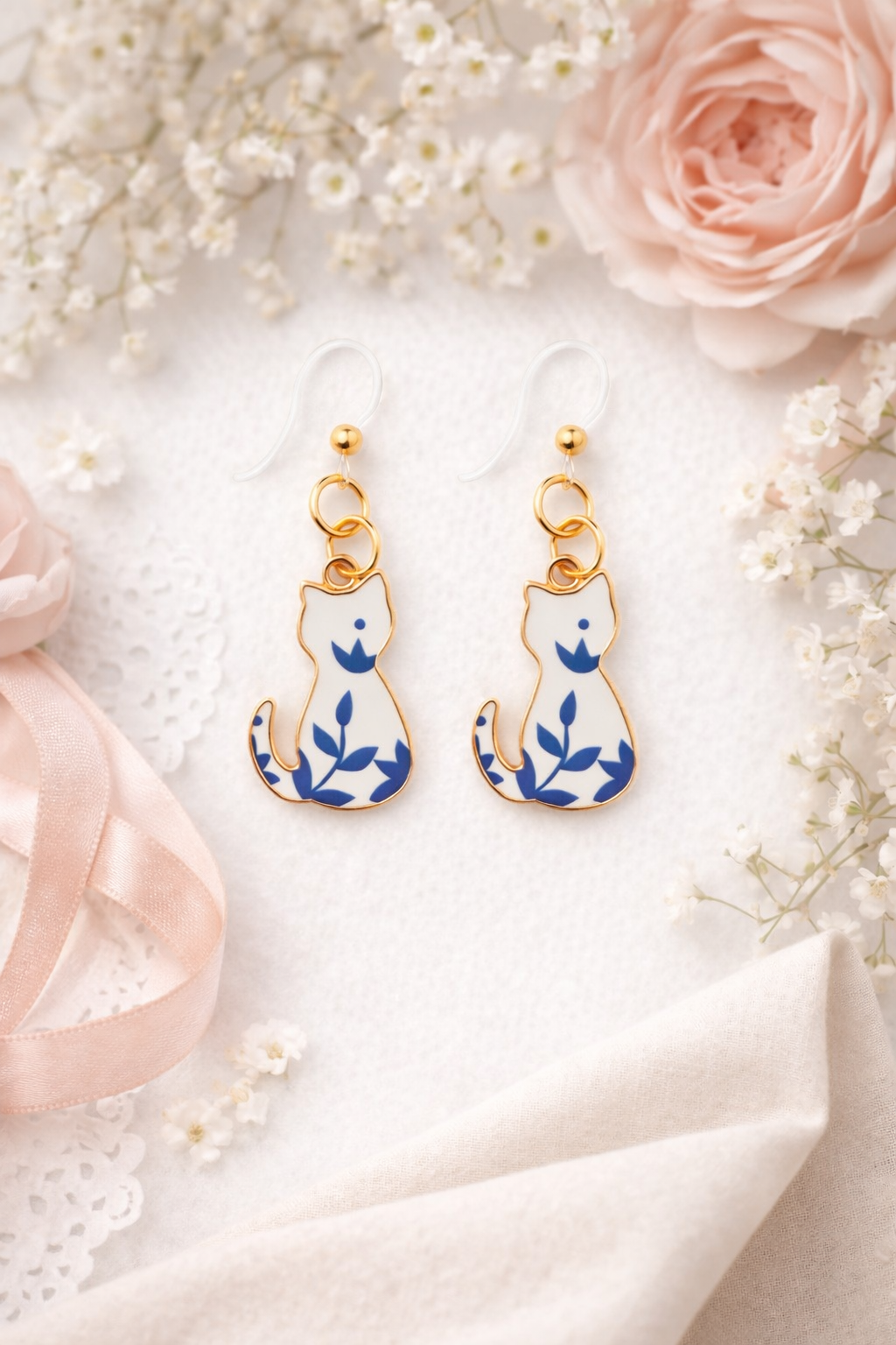 Blue & White Cat Dangle Earrings