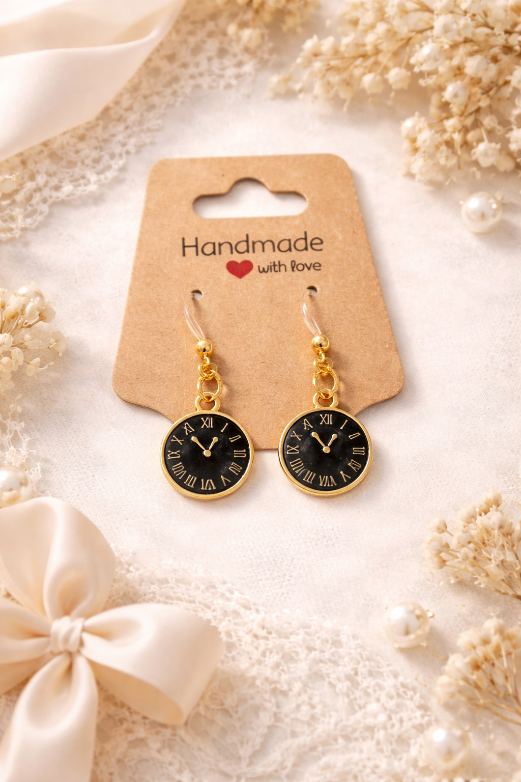 Black Clock Dangle Earrings | Plastic Post Earrings for Sensitive Ears