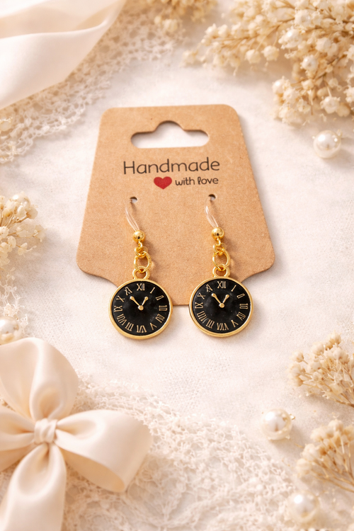 Black Clock Dangle Earrings | Plastic Post Earrings for Sensitive Ears