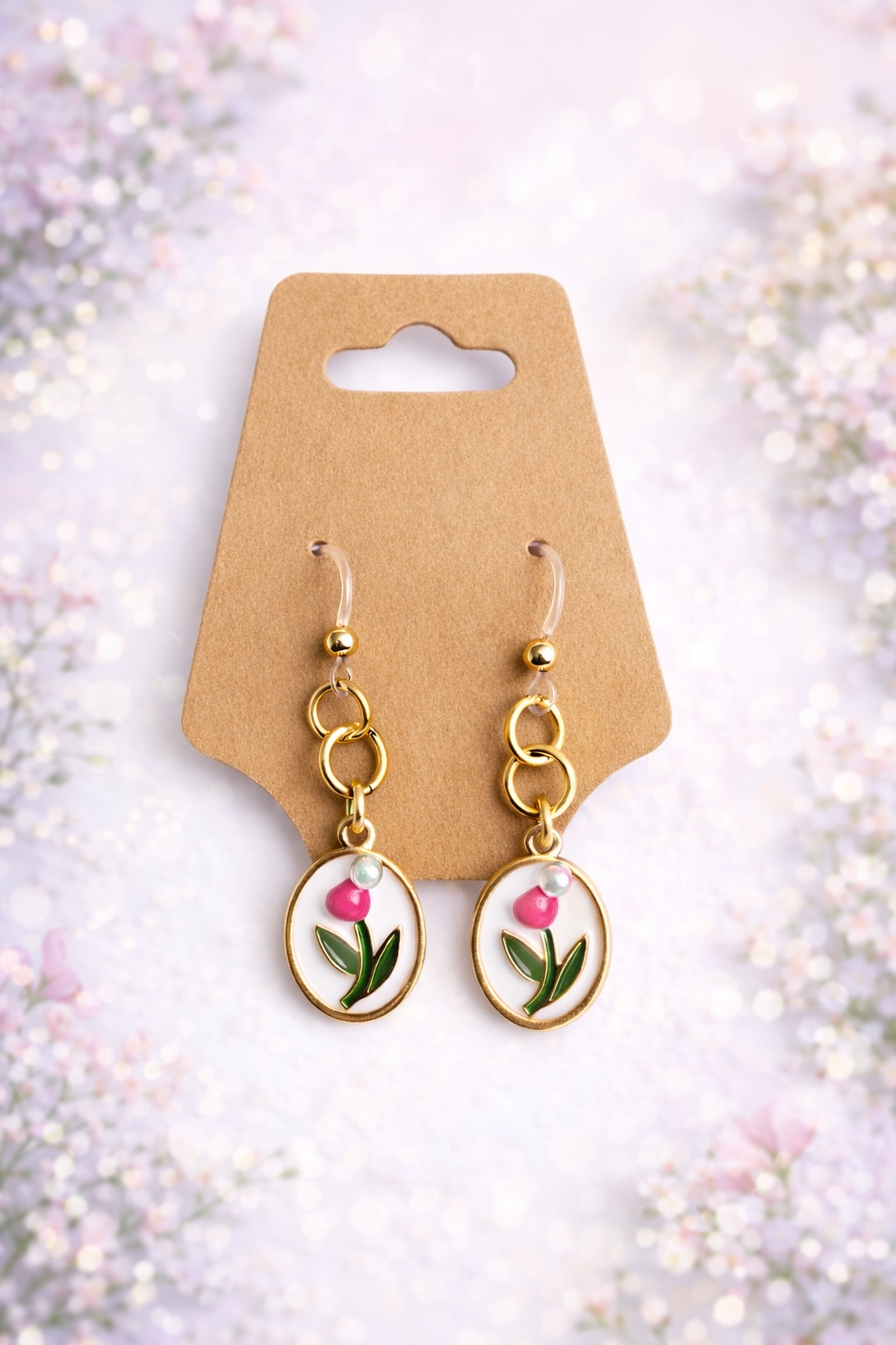 Pink Tulip Drop Earrings – Sensitive Ears | Floral Plastic Post Earrings