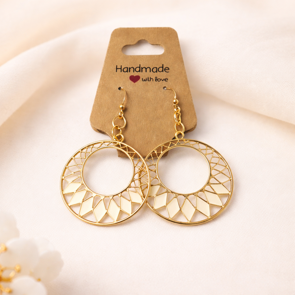 Cream & Gold Mosaic Circle Dangle Earrings