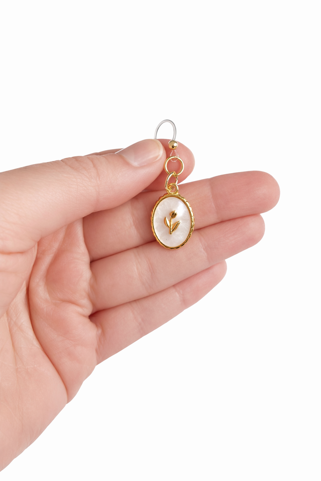 Oval Mother-of-Pearl Botanical Earrings | Gold Floral Dangle Earrings | Lightweight Plastic Hooks | Sensitive Ear Friendly