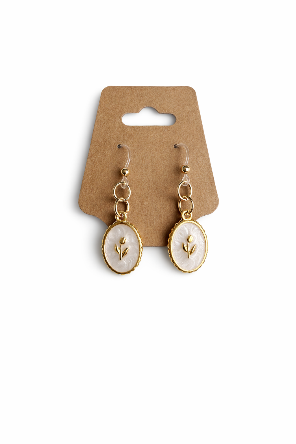 Oval Mother-of-Pearl Botanical Earrings | Gold Floral Dangle Earrings | Lightweight Plastic Hooks | Sensitive Ear Friendly