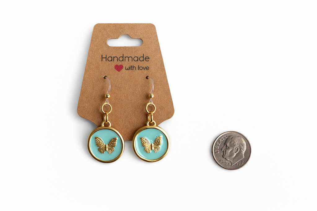 Turquoise Butterfly Dangle Earrings | Gold Tone|Lightweight Plastic Post| Sensitive Ear Friendly
