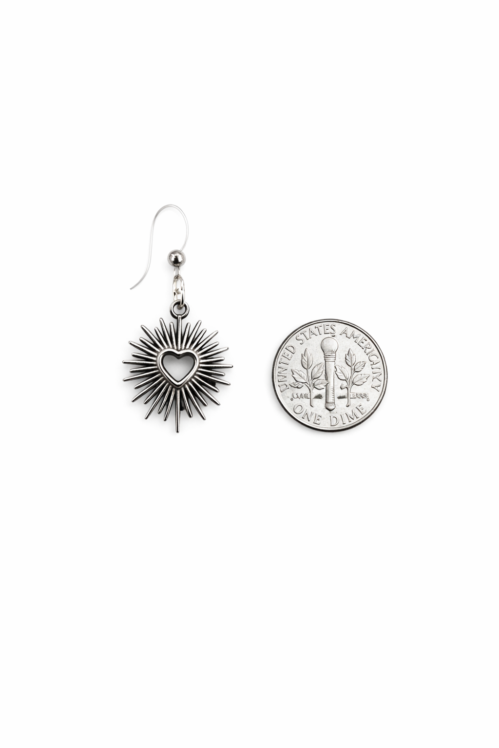 Antique Silver Tone| Stainless Steel Charm| Plastic Post Radiant Heart Drop Earrings | Metal-Free Post
