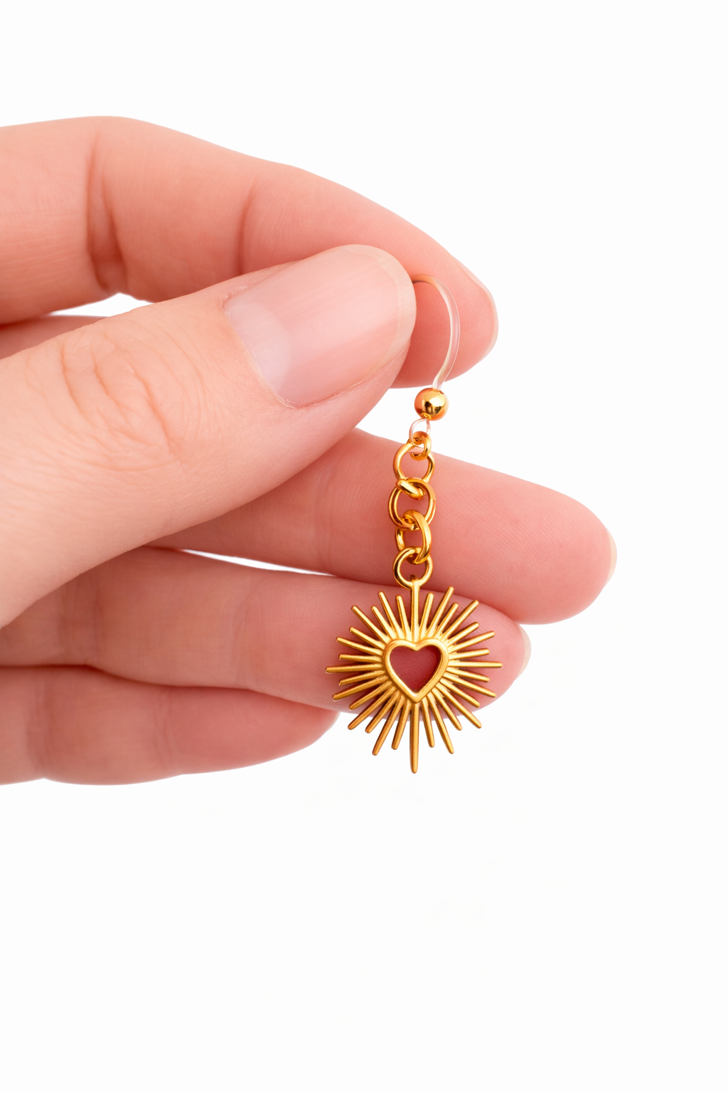 Gold Sunburst Heart Earrings – Stainless Steel Dangles | Plastic Post Hypoallergenic