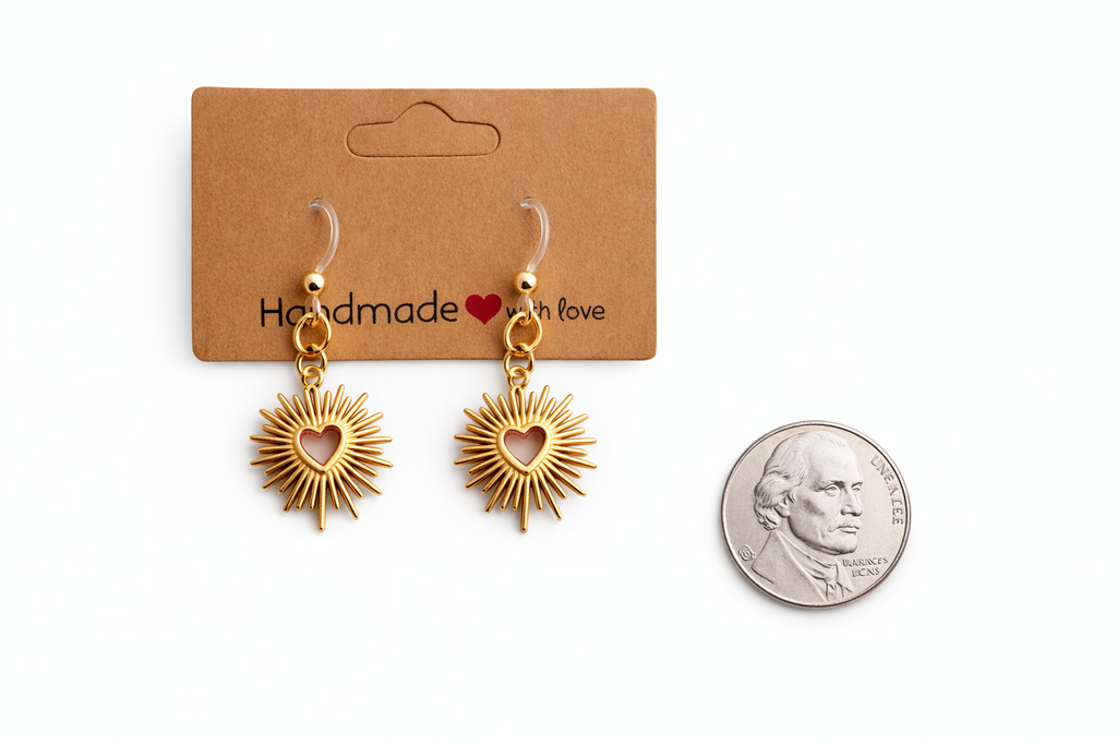 Gold Sunburst Heart Earrings – Stainless Steel Dangles | Plastic Post Hypoallergenic