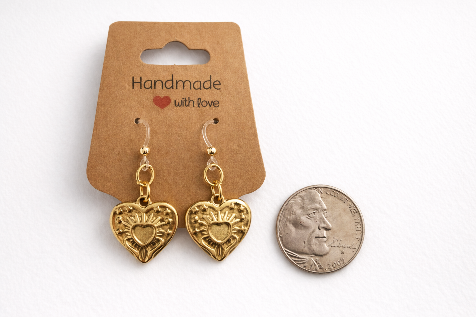 Vintage Gold Tone Sacred Heart Earrings Plastic Post| Metal-Free Post| Hypoallergenic